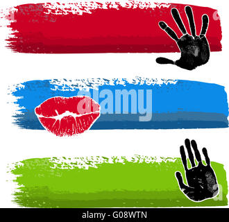 Drei Pinsel Strich Banner mit Hand, Lippen, Fuß Stockfoto