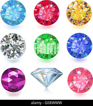 Reihe von farbigen Edelsteine isoliert auf weißem Hintergrund Stockfoto