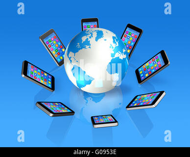 Smartphones um Weltkugel, globale Kommunikation Stockfoto