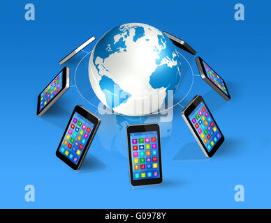 Smartphones um Weltkugel, globale Kommunikation Stockfoto