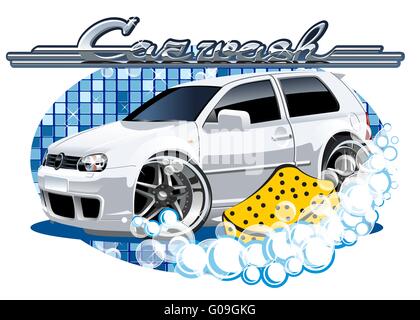 Auto waschen Schild mit Schwamm Stockfoto