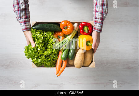 Bauer hält eine Holzkiste gefüllt mit frisch geernteten Gemüse aus seinem Garten Stockfoto