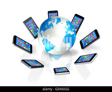 Smartphones um Weltkugel, globale Kommunikation Stockfoto