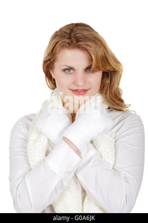 Mädchen in einem weißen Hemd mit Schal und Handschuhen die isolierte Stockfoto