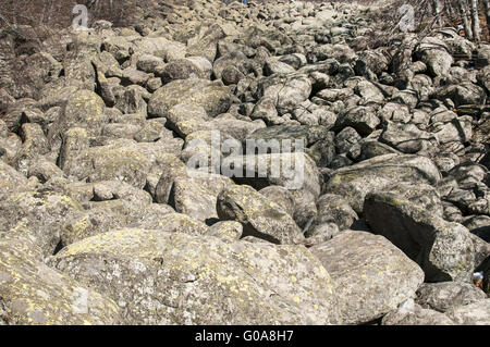 Alten Moräne Felsen mit Moos im Winter sonnigen Tag la Stockfoto