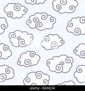 Nahtlose Muster mit lustige Wolken am punktierten hellblauen Hintergrund. Stock Vektor