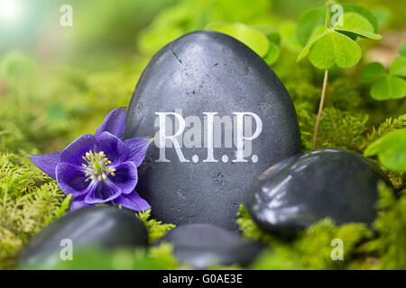 Schwarzer Stein mit den Worten "Rest in Peace" Stockfoto
