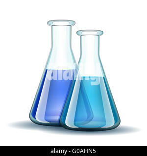 Chemisches Laboratorium transparente Flaschen mit blaue Flüssigkeit. Stockfoto