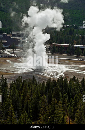 WY01600-00... WYOMING - Old Faithful Geysir aus Beobachtungspunkt in Upper Geyser Basin des Yellowstone-Nationalparks. Stockfoto