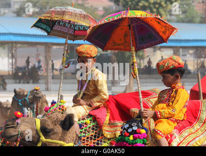 Wettbewerb um Kamele Pushkar Camel fair zu verzieren Stockfoto