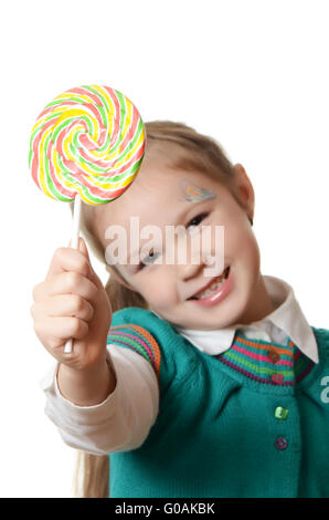 Kleines Mädchen mit Lollipop isoliert auf weißem Hintergrund Stockfoto