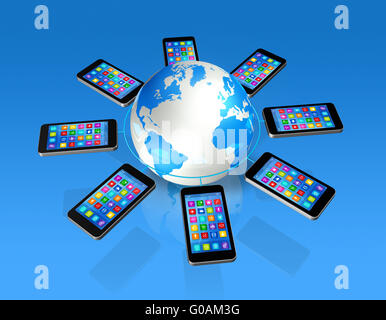 Smartphones um Weltkugel, globale Kommunikation Stockfoto
