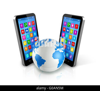 Smartphones um Weltkugel, globale Kommunikation Stockfoto