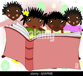 Afrikanische Kinder sind zusammen ein Buch lesen. Stockfoto