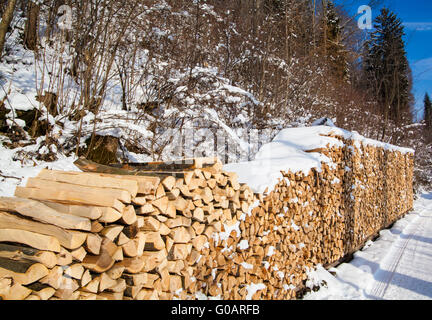 Brennholz gestapelt im Winter. Holz-Haufen mit Schnee St Stockfoto