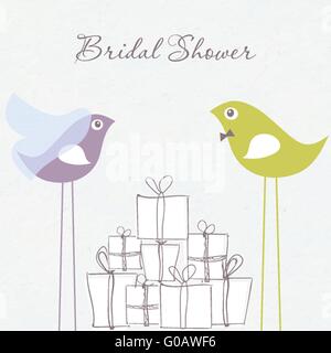 Bridal Shower Einladung mit zwei niedlichen Vögel in Braut und Bräutigam Kostüme sitzen Stockfoto