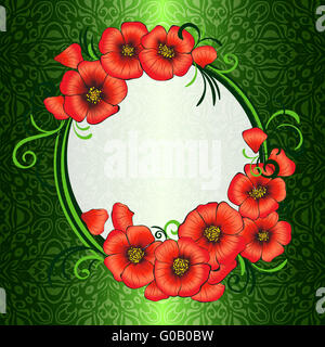 Rahmen mit roten Mohnblumen und grünen Damast gemusterten Hintergrund Stockfoto