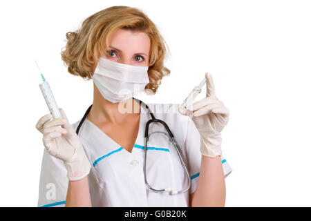 Jung und schön Arzt in Handschuhen mit Ampulle Stockfoto