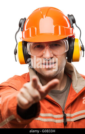 Ingenieur oder manuelle Arbeiter Mann in Sicherheit Bauarbeiterhelm er Stockfoto