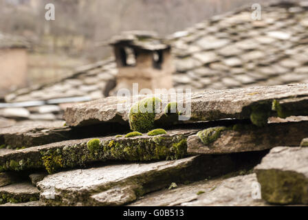 Alten Steinfliesen und Schornstein der Schiefer-Dach Haus wi Stockfoto