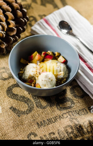 Joghurt; Schneiden Sie Obst; Und Honig In Schüssel mit Serviette Stockfoto