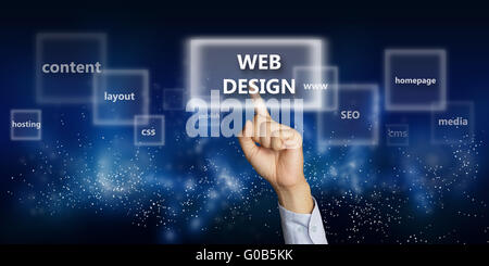 Business Konzept Bild einer Geschäftsmann Hand Webdesign-Schaltfläche auf virtuellen Bildschirm über Raum-Hintergrund Stockfoto