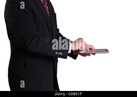 Firmen-Konzept-Image eines Geschäftsmannes mit digital-Tablette, Seitenansicht, isoliert auf weiss Stockfoto