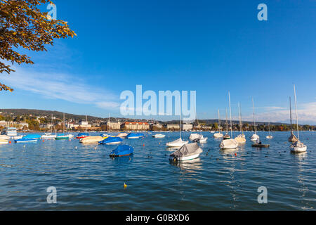 Schöne Aussicht auf die Altstadt von Zürich vor Sonnenuntergang von der Seeseite am Mythenquai, Zürich, Schweiz Stockfoto