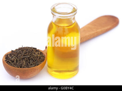 Kümmel in einem Holzlöffel mit ätherischen Ölen in Glasflasche Stockfoto