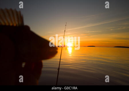 Sonnenuntergang Fluss Barsch Angeln mit dem Boot und einem Stab Stockfoto