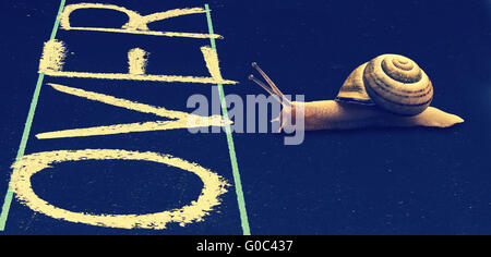 Schnecke auf schwarze Tafel über Wort handschriftlich Stockfoto