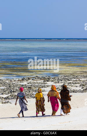 Vier lokalen muslimischen Damen Spaziergang am Strand entlang in traditioneller Kleidung bei monsaraz Strand, Sansibar Stockfoto