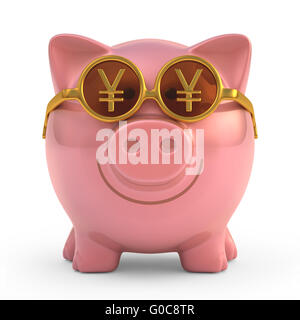 Sparschwein mit Sonnenbrille mit Geld Zeichen. Clipping-Pfad enthalten. Stockfoto