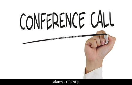 Business Konzept Bild von einer Hand mit Marker und schreiben Telefonkonferenz isoliert auf weiss Stockfoto