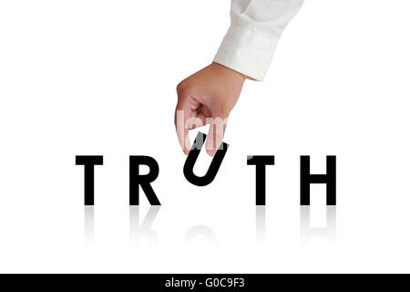 Geste der Hand Briefe abholen und Wahrheit Wort isoliert auf weiss Stockfoto