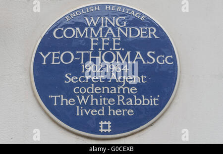 Blaue Plakette von Wing Commander F.F.E. Yeo-Thomas, Guilford Street, London England, UK Stockfoto