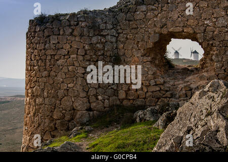 Don Quichotte Windmühlen, Consuegra Spanien, spanische Landschaft in La Castilla La Mancha Stockfoto