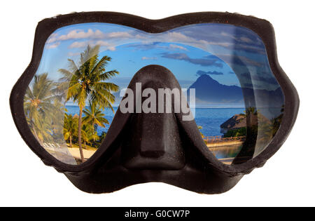 tropischer Landschaft spiegelt sich in der Maske Brille Stockfoto