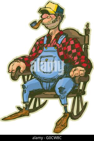 Eine Vektor-Karikatur von einem älteren Mann in einem Schaukelstuhl. Sieht aus wie ein Bauer oder jemand, der auf dem Land lebt. Stock Vektor
