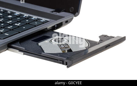 Laptop mit offenen DVD-Fach isoliert auf einem weißen Stockfoto