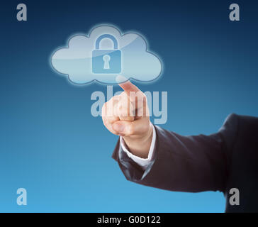 Finger berühren ein Cloud-Symbol mit einer Sperre Stockfoto