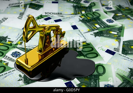 Gold Bohrschwengels und ausgelaufenen Öls auf Euro. 3D Illustration. Stockfoto