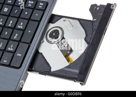 Laptop mit offenen DVD-Fach isoliert auf einem weißen Stockfoto