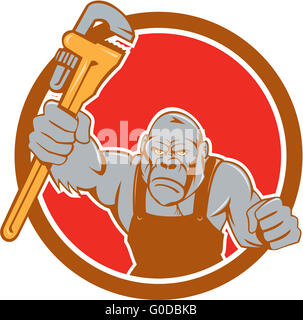 Wütend Gorilla Klempner Schraubenschlüssel Kreis Cartoon Stockfoto
