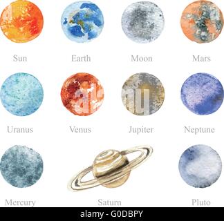Planeten des Sonnensystems einschließlich Sonne, Erde, Mond, Mars, Uranus, Venus, Jupiter, Neptun, Merkur, Saturn, Pluto Stock Vektor