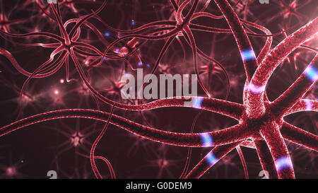 Neuronen abstrakt roten Hintergrund - 3d gerenderten Nahaufnahme von einer aktiven Nervenzelle. Stockfoto