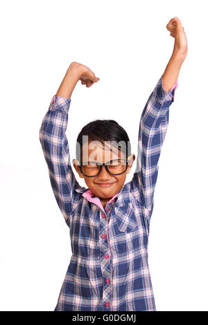 Müde Mädchen verbreiten ihre Arme isoliert auf weiss Stockfoto