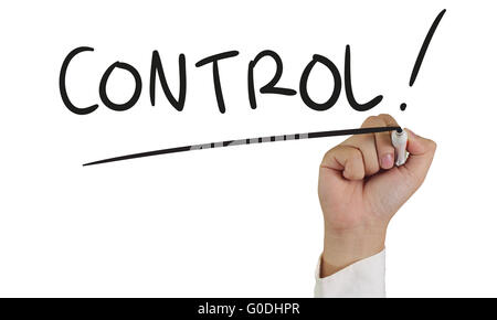 Business Konzept Bild von einer Hand mit Marker und schreiben Kontrolle isoliert auf weiss Stockfoto