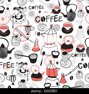 Grafisches Muster mit Geschirr für Kaffee und Kuchen Stock Vektor
