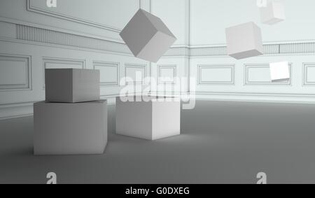 Abstrakte Retro-Interieur mit fliegende Würfel Stockfoto